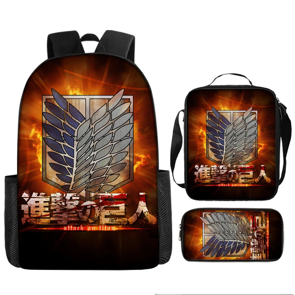 Attack on Titan 3pcs Set Cartoon Backpack 40cm/15.7inch Durable School Bag Shoulder Bag Pencil Case Book Bag Children's Birthday