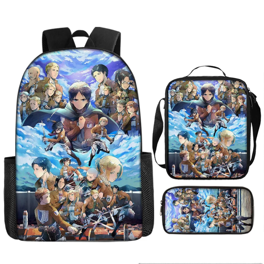 Attack on Titan 3pcs Set Cartoon Backpack 40cm/15.7inch Durable School Bag Shoulder Bag Pencil Case Book Bag Children's Birthday