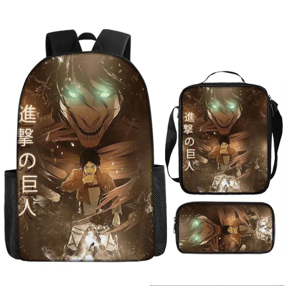 Attack on Titan 3pcs Set Cartoon Backpack 40cm/15.7inch Durable School Bag Shoulder Bag Pencil Case Book Bag Children's Birthday