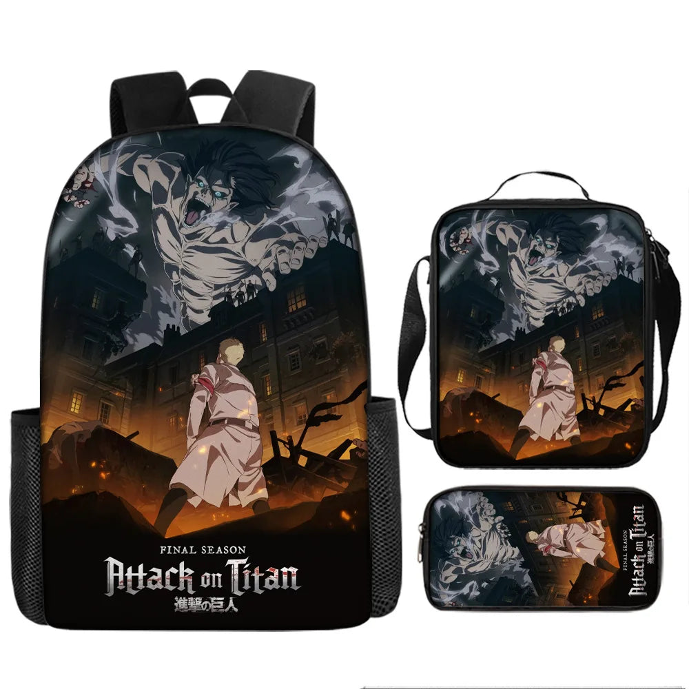 Attack on Titan 3pcs Set Cartoon Backpack 40cm/15.7inch Durable School Bag Shoulder Bag Pencil Case Book Bag Children's Birthday