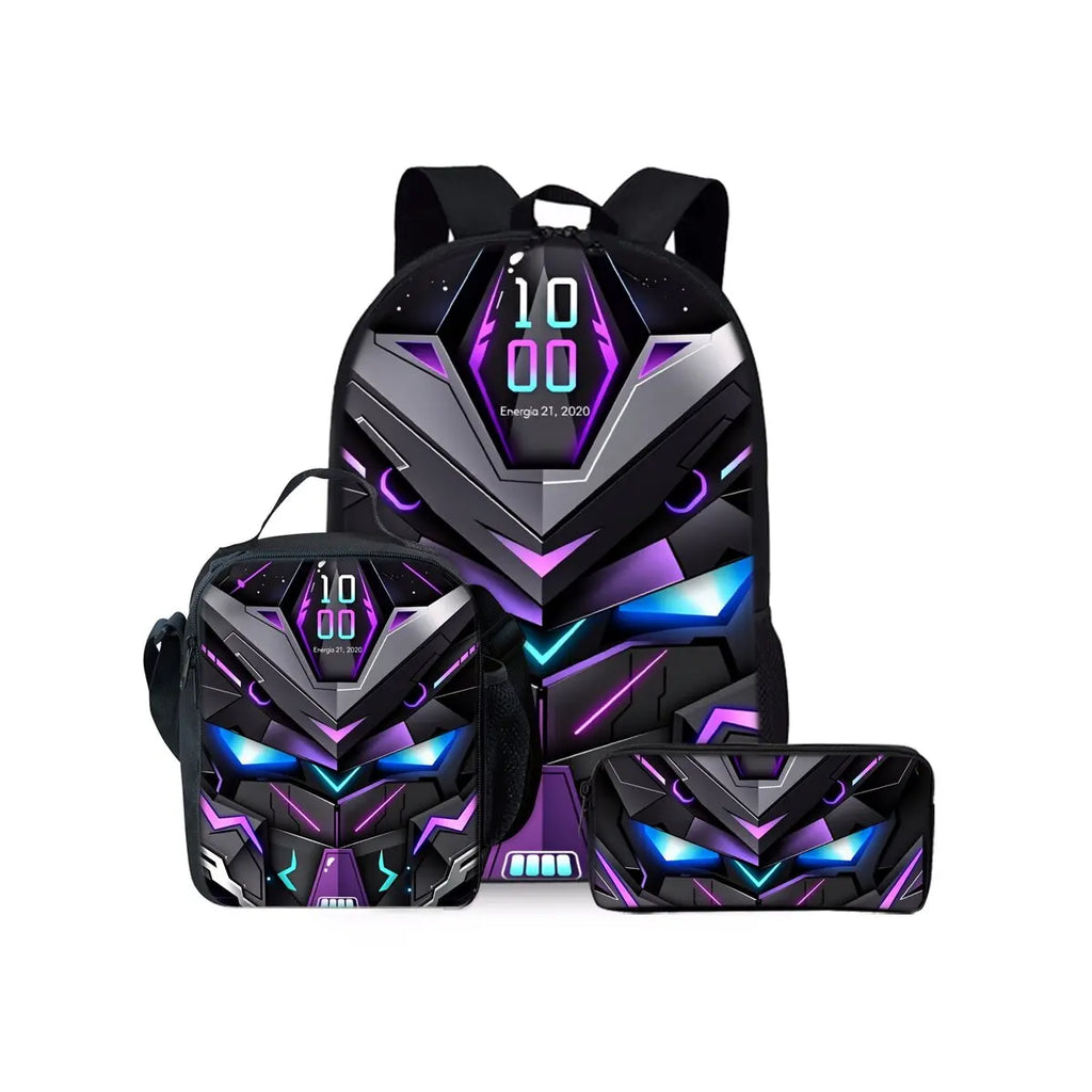 Mechanical Robots Print Three Piece Backpacks Set for Boy and Girls Best Gifts 2D Flat Cartoon School Bag for Children
