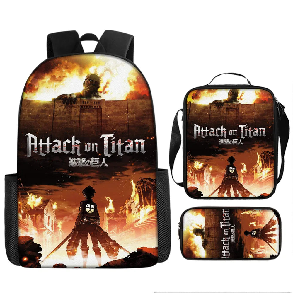 Attack on Titan 3pcs Set Cartoon Backpack 40cm/15.7inch Durable School Bag Shoulder Bag Pencil Case Book Bag Children's Birthday