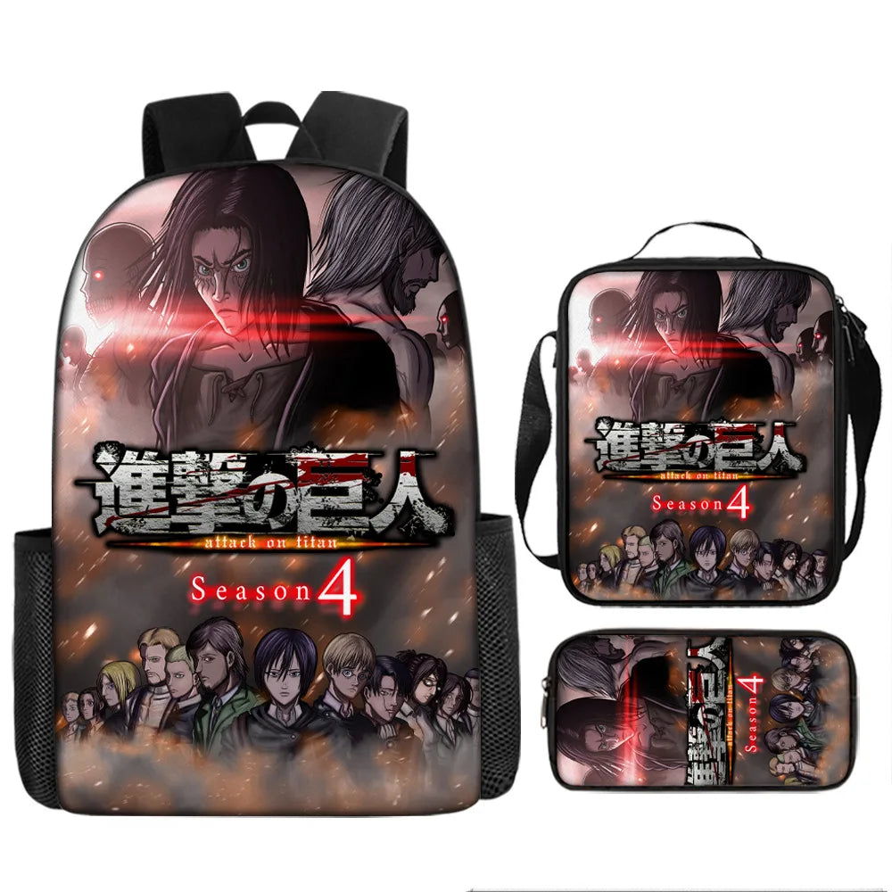 Attack on Titan 3pcs Set Cartoon Backpack 40cm/15.7inch Durable School Bag Shoulder Bag Pencil Case Book Bag Children's Birthday
