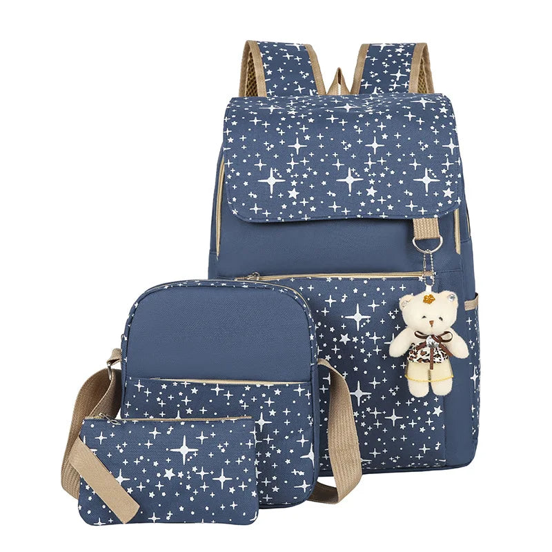 Student Backpack Three Piece Canvas Schoolbag Academic Style High Capacity Backpack for Boys and Girls Junior School Backpack