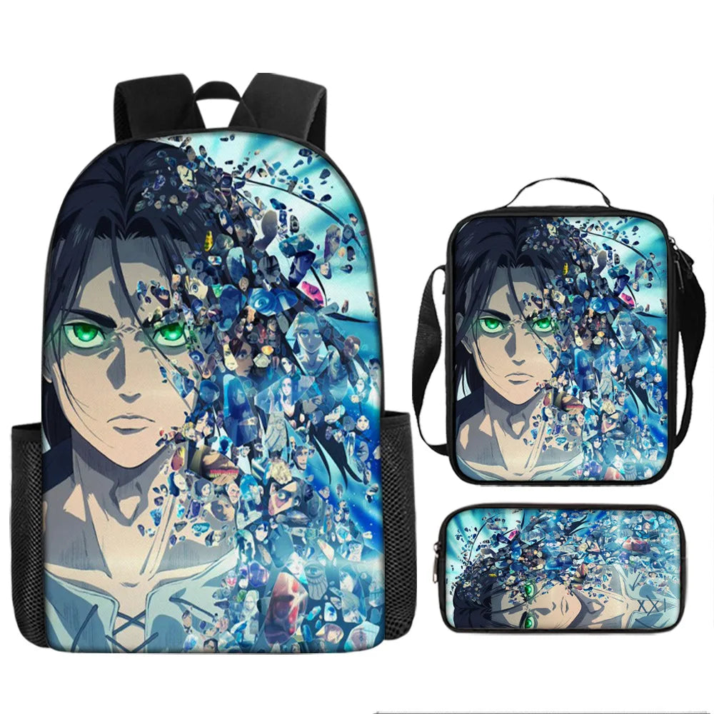 Attack on Titan 3pcs Set Cartoon Backpack 40cm/15.7inch Durable School Bag Shoulder Bag Pencil Case Book Bag Children's Birthday