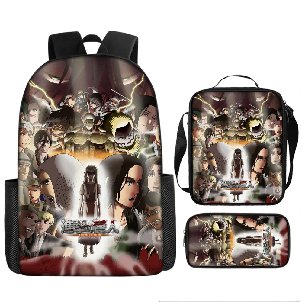 Attack on Titan 3pcs Set Cartoon Backpack 40cm/15.7inch Durable School Bag Shoulder Bag Pencil Case Book Bag Children's Birthday