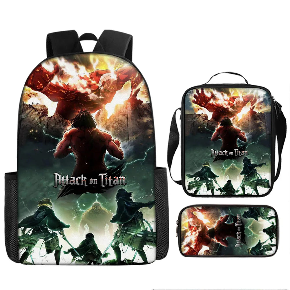 Attack on Titan 3pcs Set Cartoon Backpack 40cm/15.7inch Durable School Bag Shoulder Bag Pencil Case Book Bag Children's Birthday