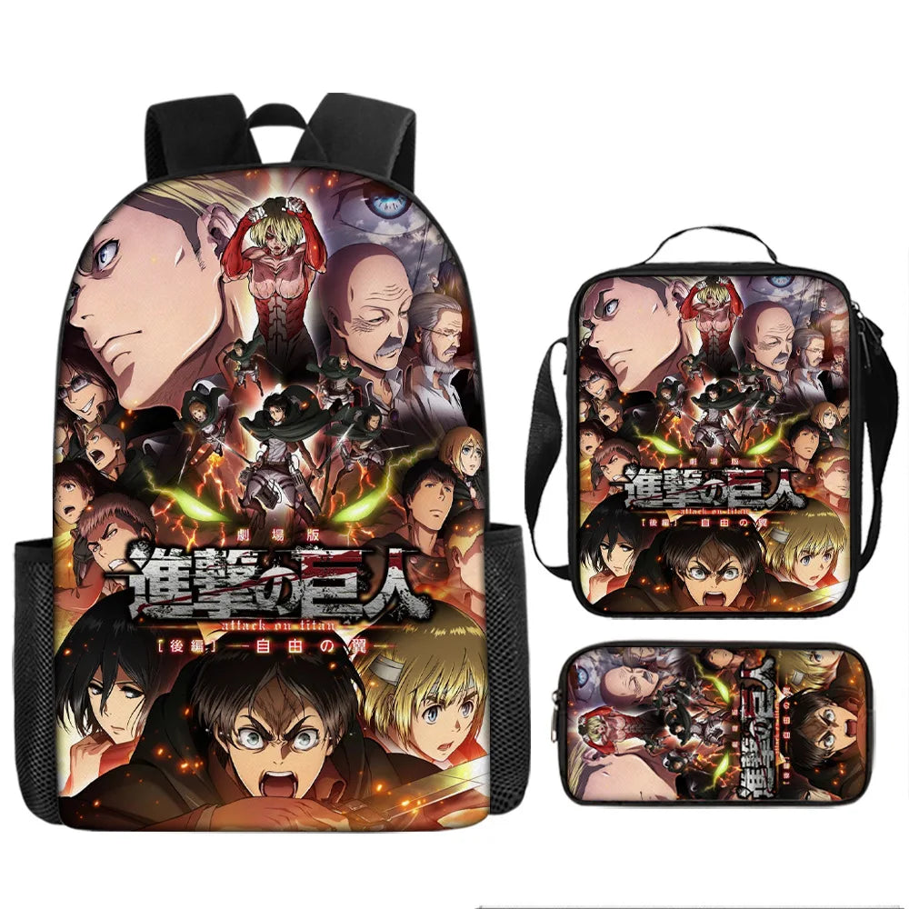 Attack on Titan 3pcs Set Cartoon Backpack 40cm/15.7inch Durable School Bag Shoulder Bag Pencil Case Book Bag Children's Birthday