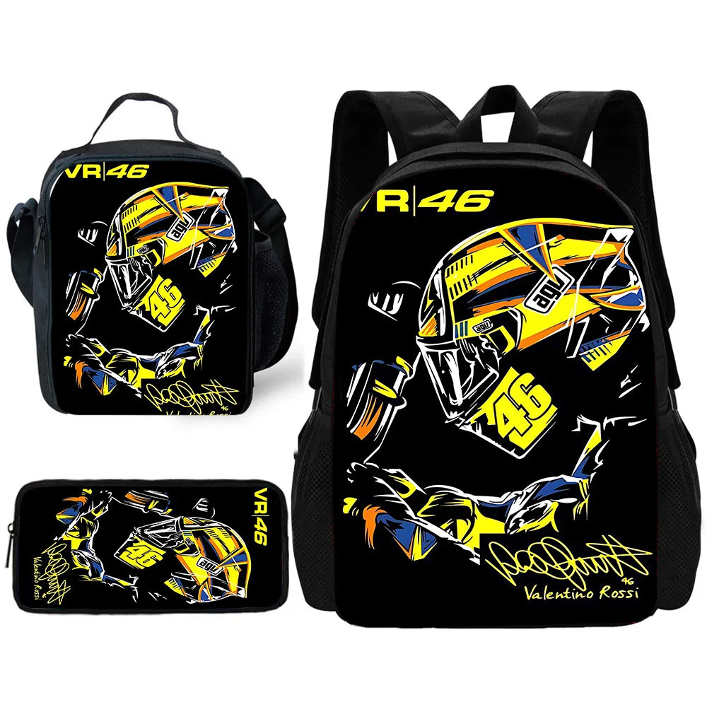 Child School Motorcycle R-rossis VR-46 Backpack with Lunch Bags ,Pencil Bags ,School Bags for Boys Girls Best Gift