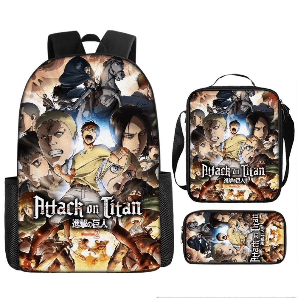 Attack on Titan 3pcs Set Cartoon Backpack 40cm/15.7inch Durable School Bag Shoulder Bag Pencil Case Book Bag Children's Birthday