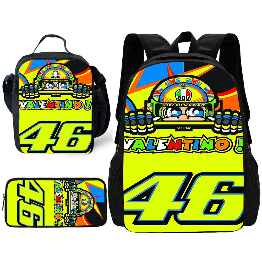 Child School Motorcycle R-rossis VR-46 Backpack with Lunch Bags ,Pencil Bags ,School Bags for Boys Girls Best Gift