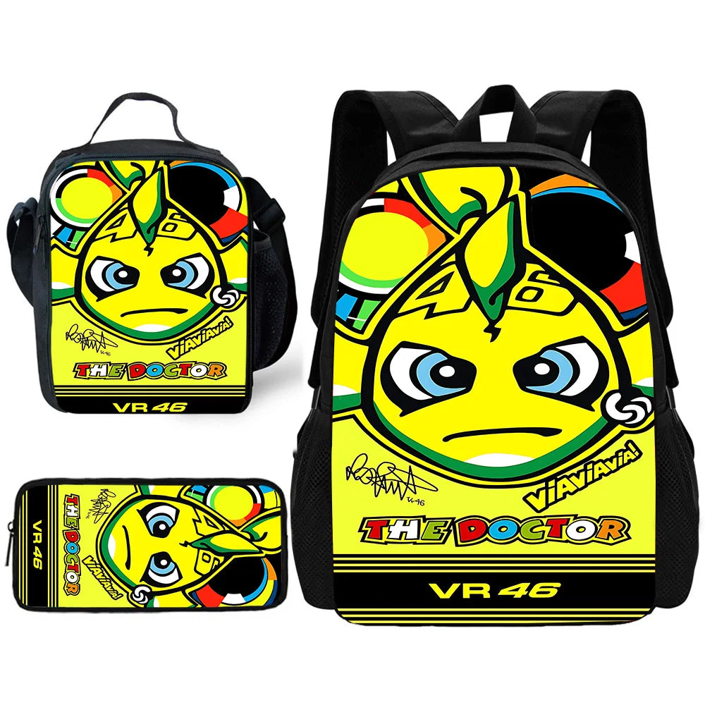 Child School Motorcycle R-rossis VR-46 Backpack with Lunch Bags ,Pencil Bags ,School Bags for Boys Girls Best Gift