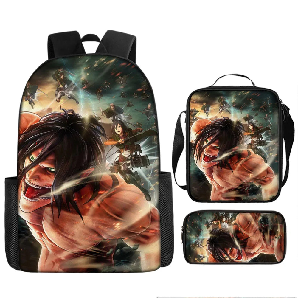 Attack on Titan 3pcs Set Cartoon Backpack 40cm/15.7inch Durable School Bag Shoulder Bag Pencil Case Book Bag Children's Birthday