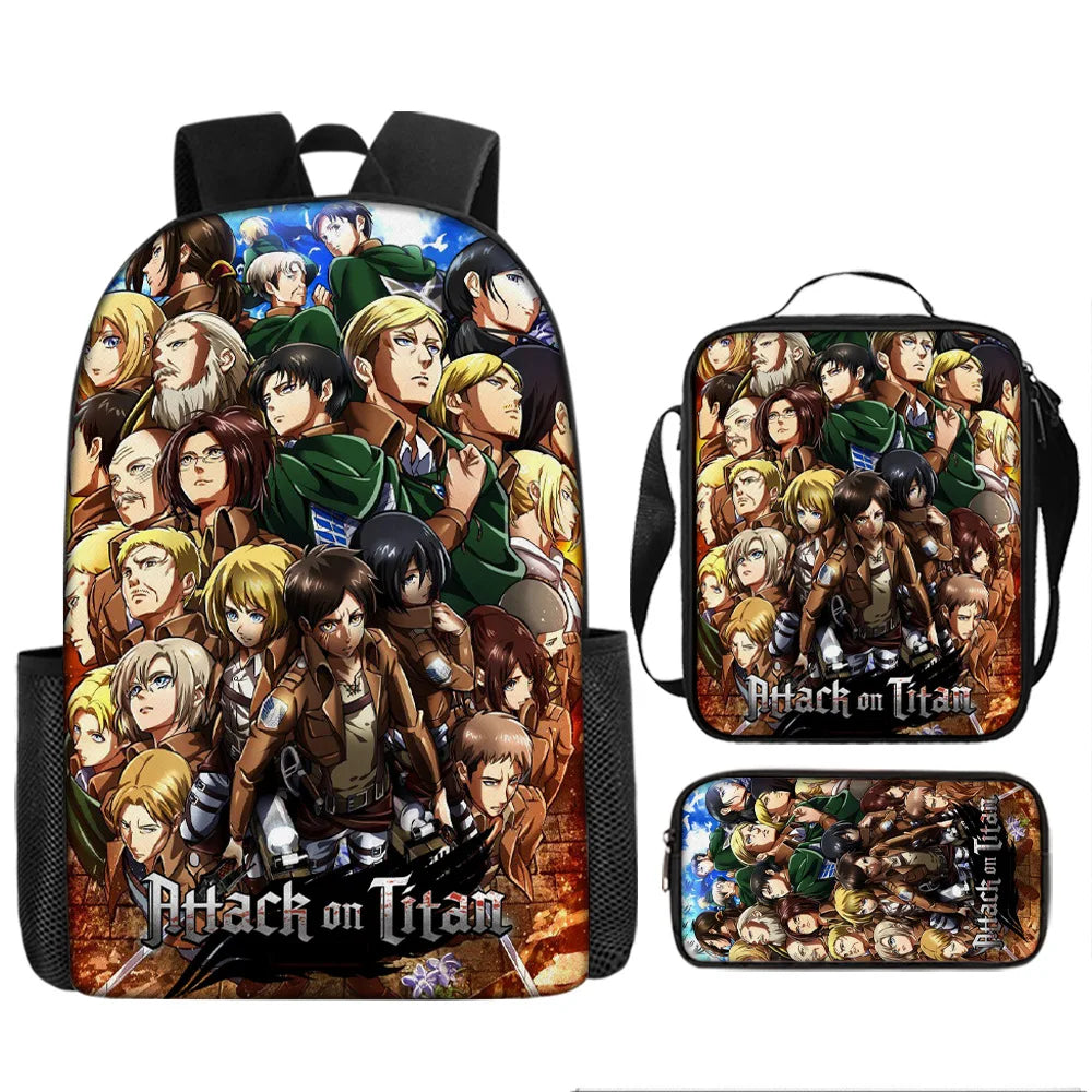 Attack on Titan 3pcs Set Cartoon Backpack 40cm/15.7inch Durable School Bag Shoulder Bag Pencil Case Book Bag Children's Birthday