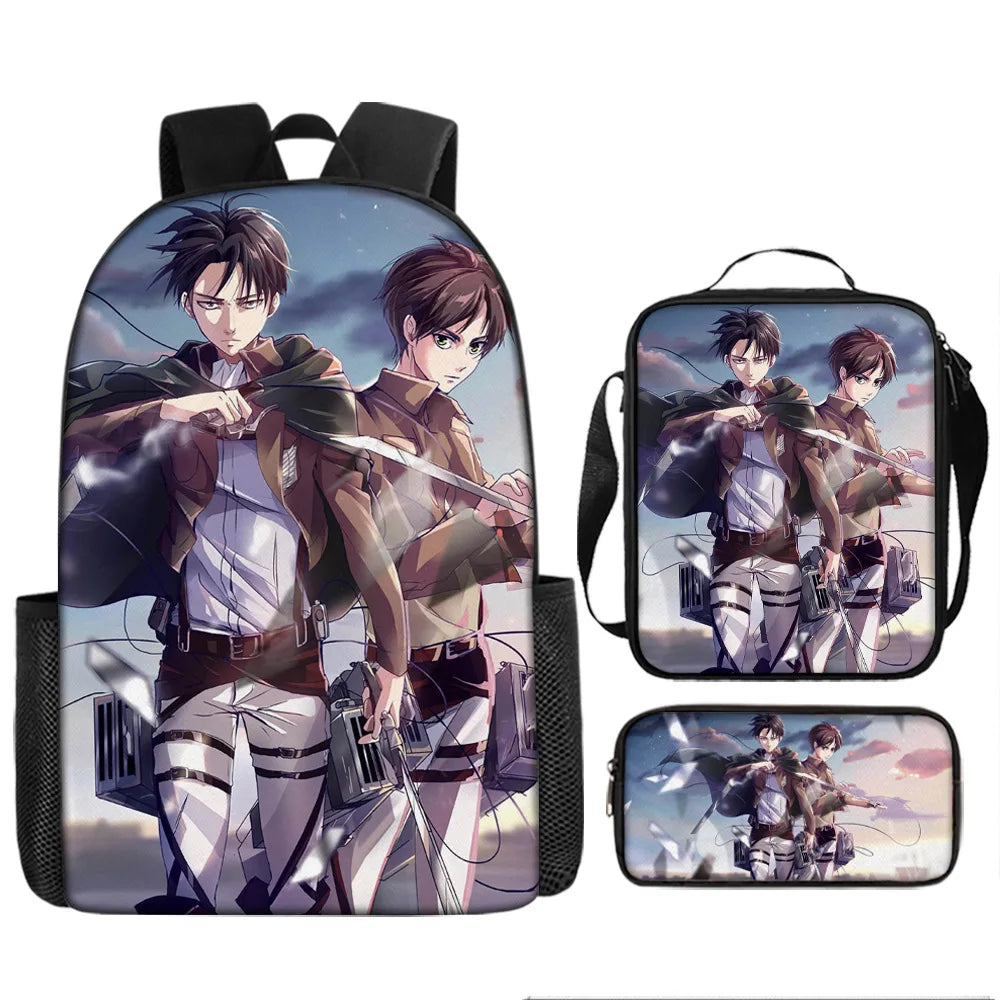 Attack on Titan 3pcs Set Cartoon Backpack 40cm/15.7inch Durable School Bag Shoulder Bag Pencil Case Book Bag Children's Birthday