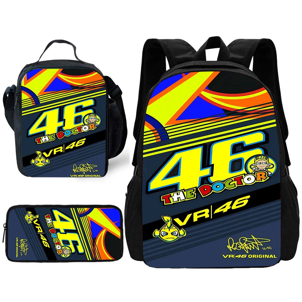 Child School Motorcycle R-rossis VR-46 Backpack with Lunch Bags ,Pencil Bags ,School Bags for Boys Girls Best Gift