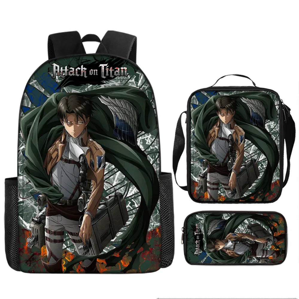 Attack on Titan 3pcs Set Cartoon Backpack 40cm/15.7inch Durable School Bag Shoulder Bag Pencil Case Book Bag Children's Birthday
