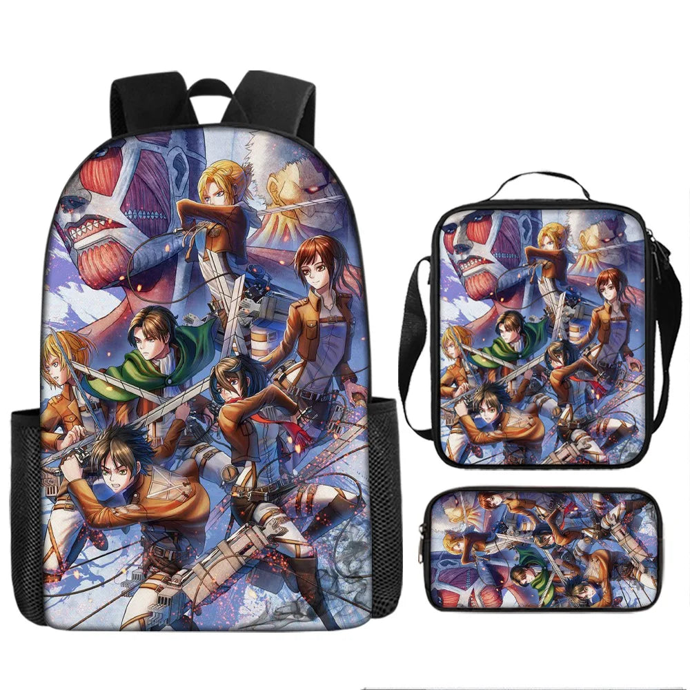 Attack on Titan 3pcs Set Cartoon Backpack 40cm/15.7inch Durable School Bag Shoulder Bag Pencil Case Book Bag Children's Birthday