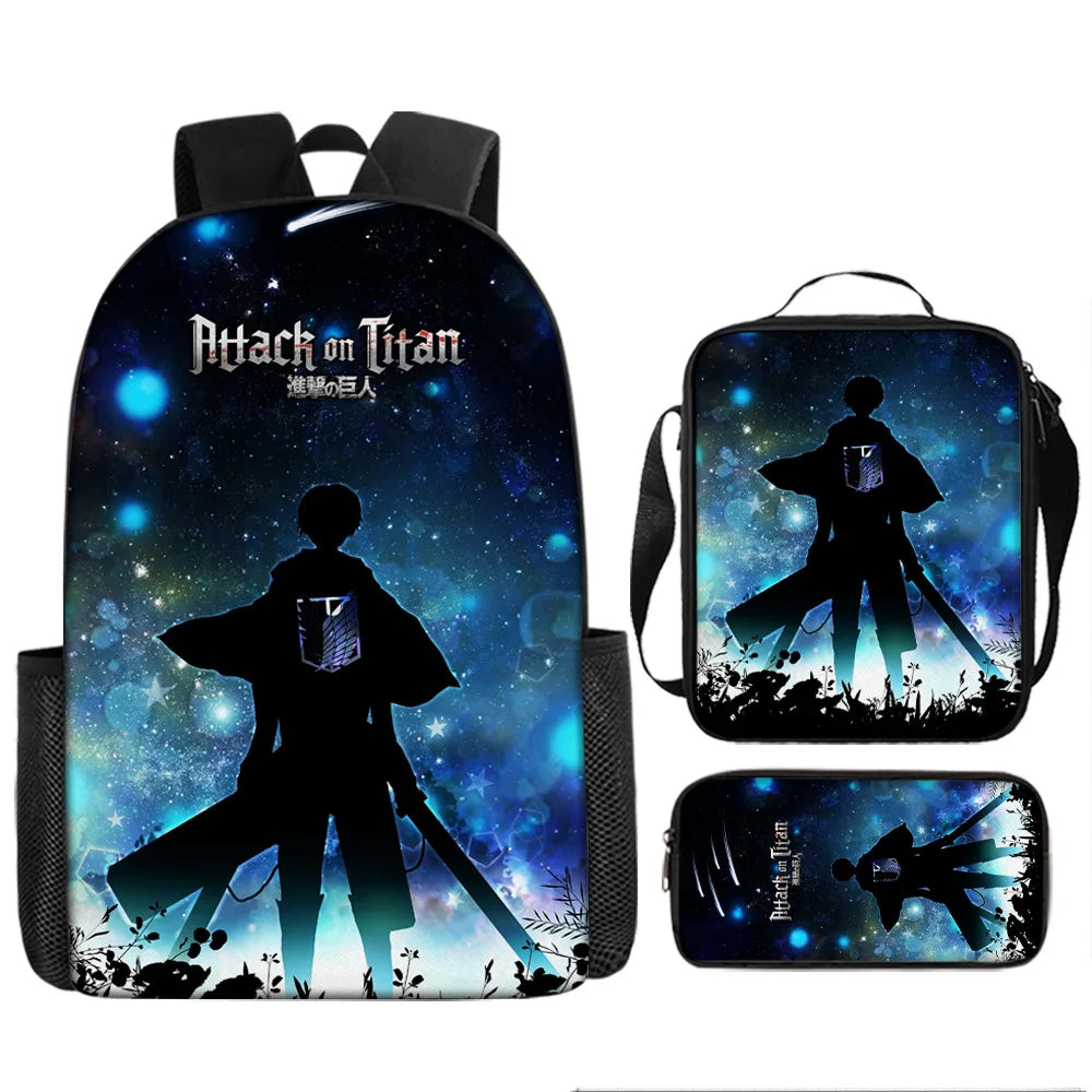 Attack on Titan 3pcs Set Cartoon Backpack 40cm/15.7inch Durable School Bag Shoulder Bag Pencil Case Book Bag Children's Birthday