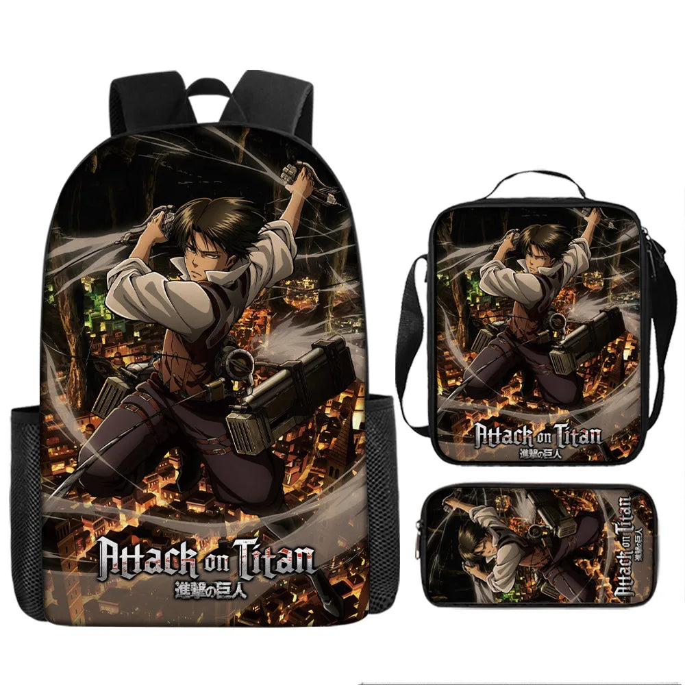 Attack on Titan 3pcs Set Cartoon Backpack 40cm/15.7inch Durable School Bag Shoulder Bag Pencil Case Book Bag Children's Birthday