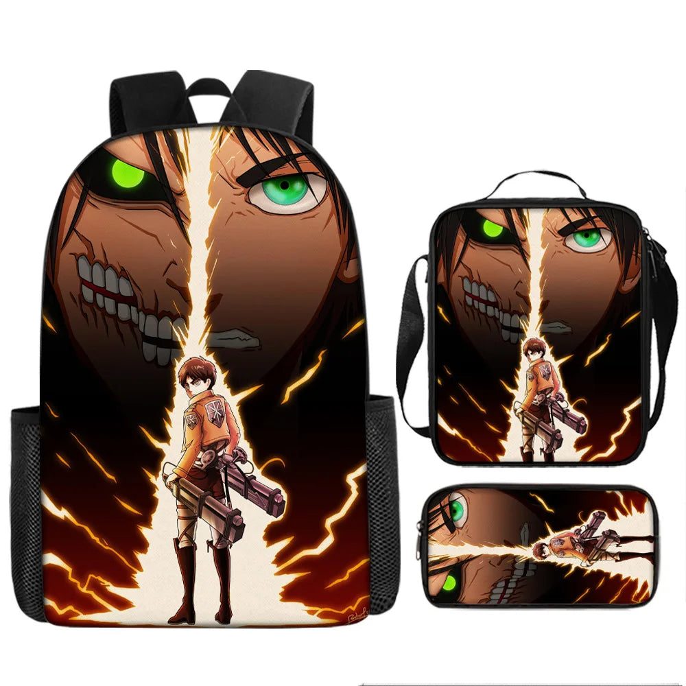 Attack on Titan 3pcs Set Cartoon Backpack 40cm/15.7inch Durable School Bag Shoulder Bag Pencil Case Book Bag Children's Birthday