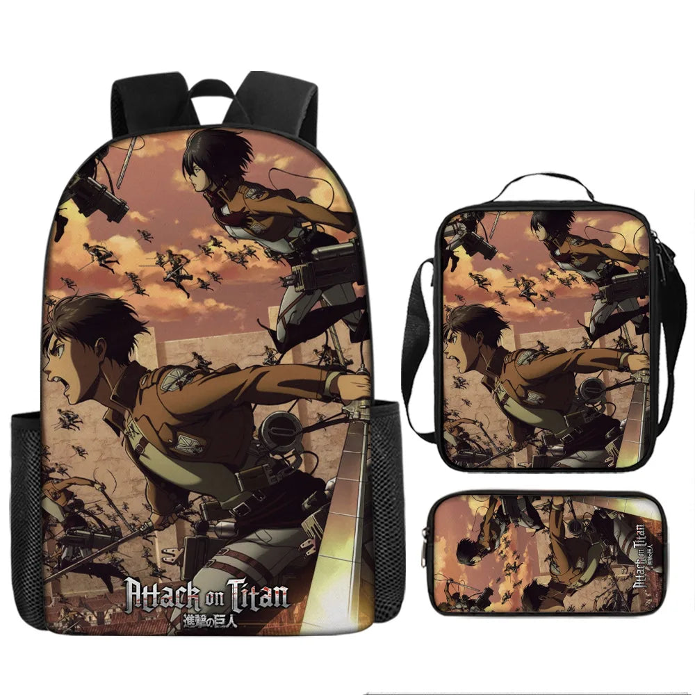 Attack on Titan 3pcs Set Cartoon Backpack 40cm/15.7inch Durable School Bag Shoulder Bag Pencil Case Book Bag Children's Birthday