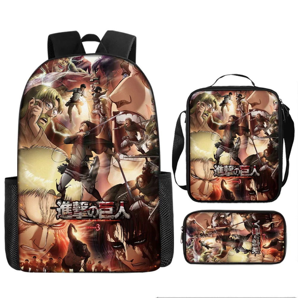 Attack on Titan 3pcs Set Cartoon Backpack 40cm/15.7inch Durable School Bag Shoulder Bag Pencil Case Book Bag Children's Birthday