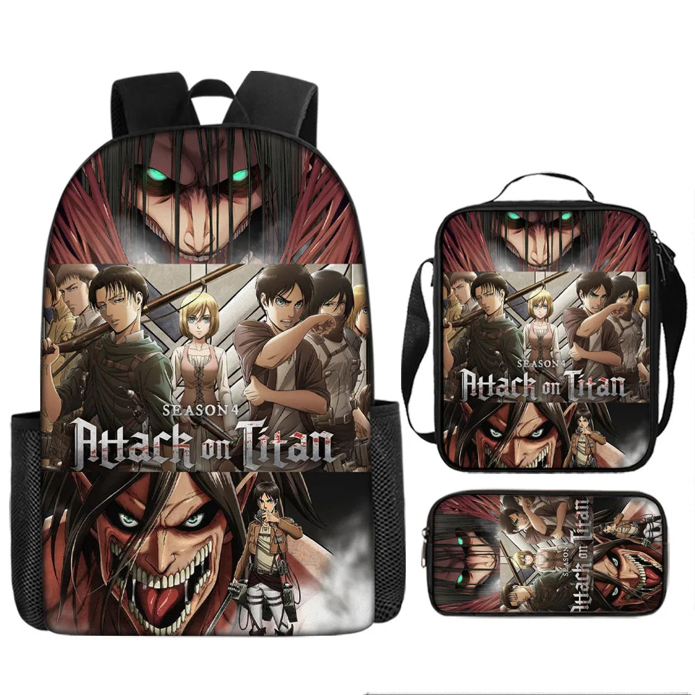Attack on Titan 3pcs Set Cartoon Backpack 40cm/15.7inch Durable School Bag Shoulder Bag Pencil Case Book Bag Children's Birthday