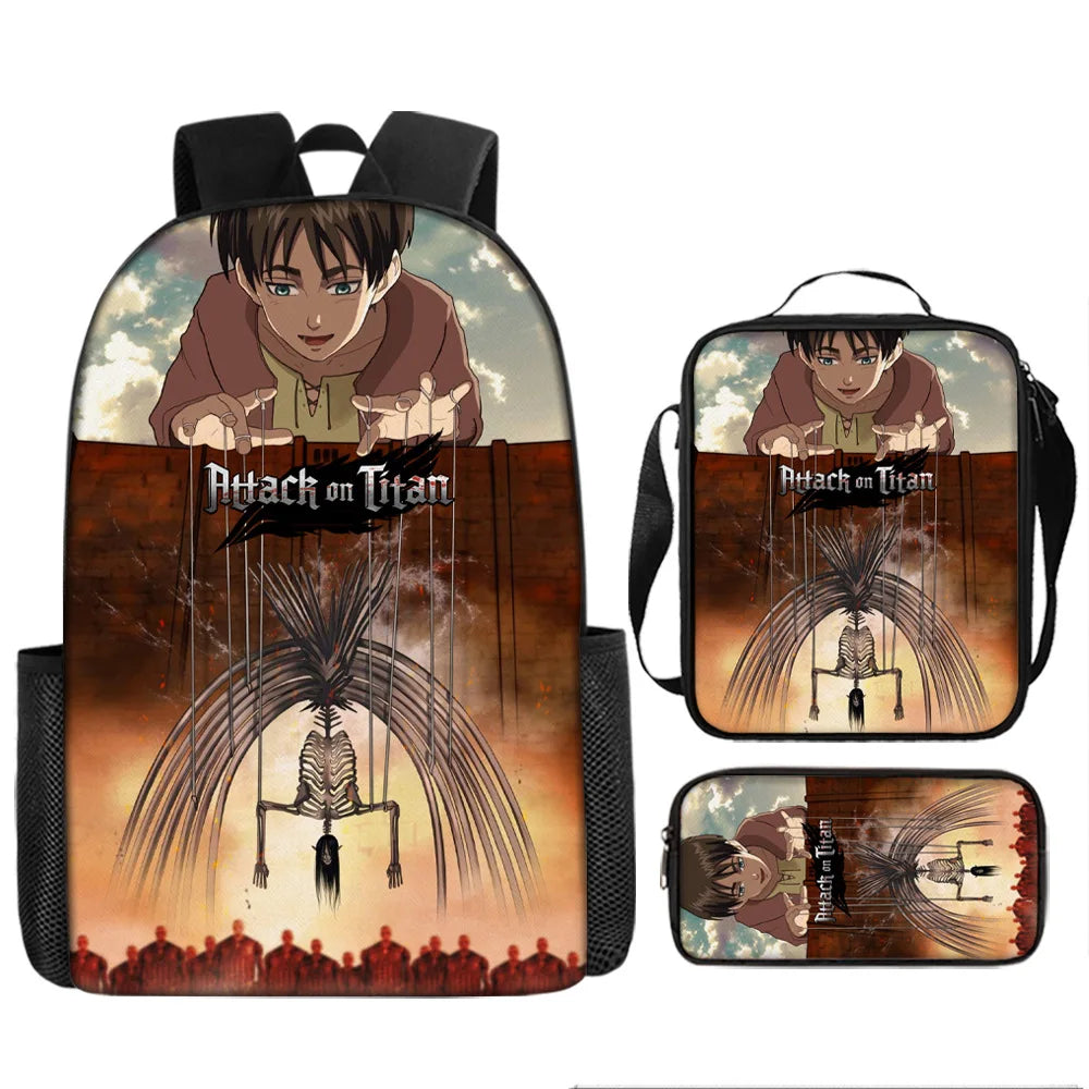 Attack on Titan 3pcs Set Cartoon Backpack 40cm/15.7inch Durable School Bag Shoulder Bag Pencil Case Book Bag Children's Birthday