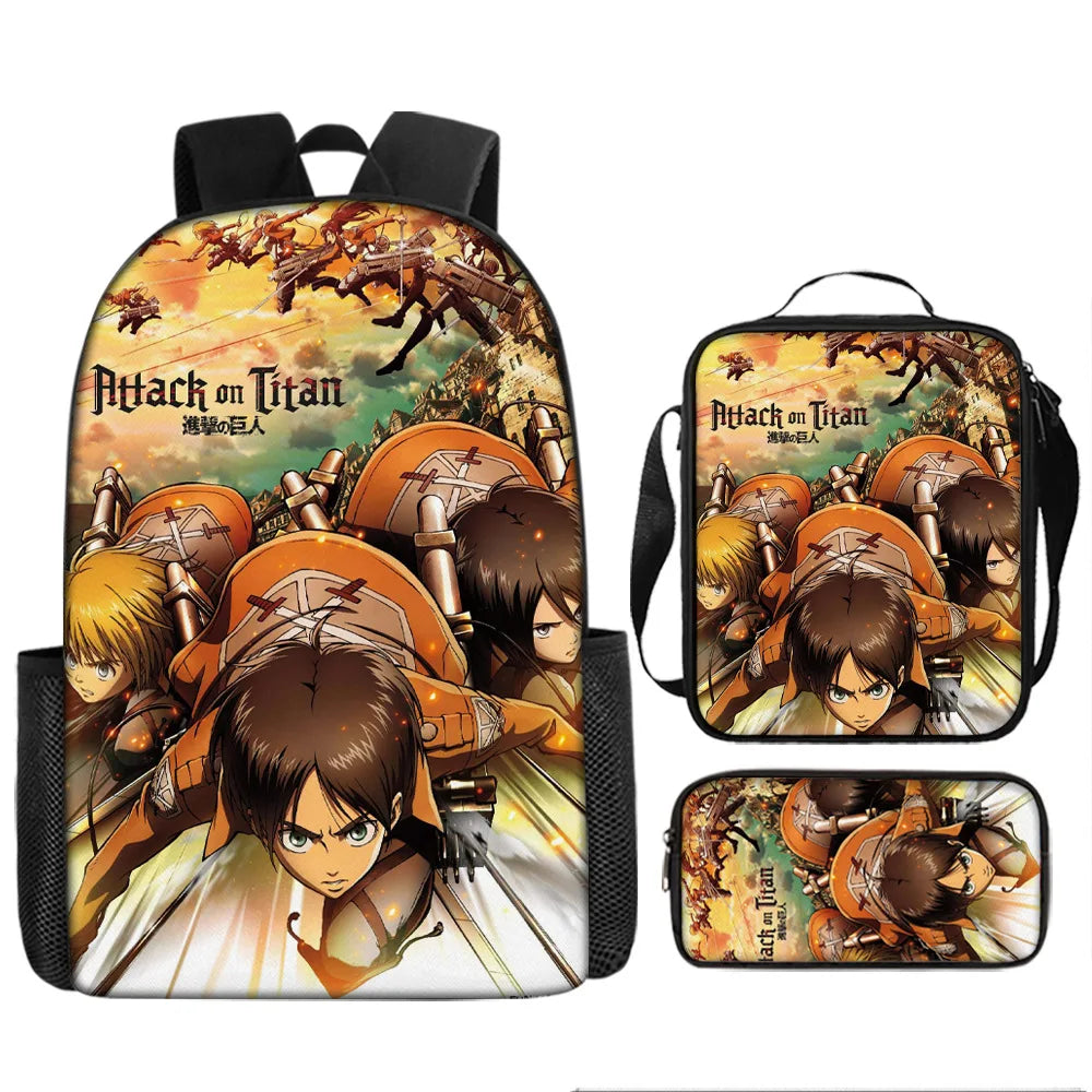 Attack on Titan 3pcs Set Cartoon Backpack 40cm/15.7inch Durable School Bag Shoulder Bag Pencil Case Book Bag Children's Birthday
