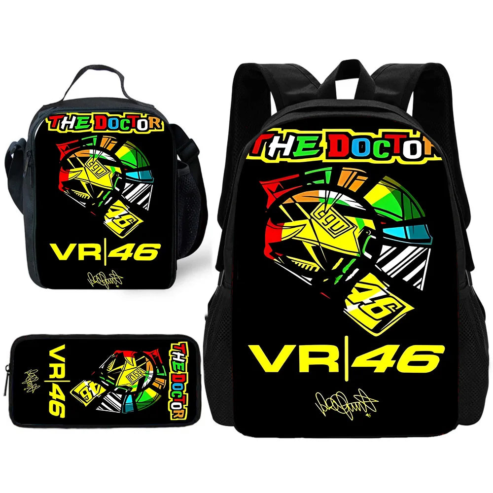 Child School Motorcycle R-rossis VR-46 Backpack with Lunch Bags ,Pencil Bags ,School Bags for Boys Girls Best Gift
