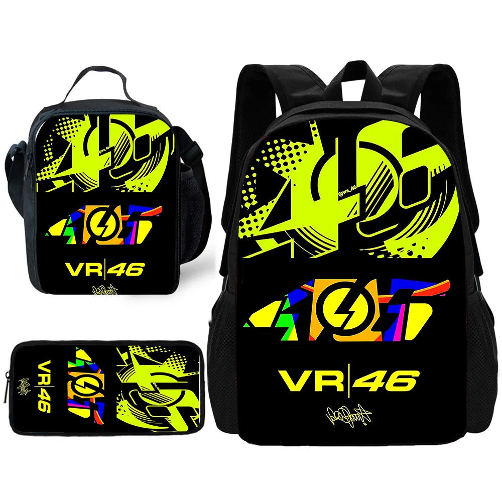 Child School Motorcycle R-rossis VR-46 Backpack with Lunch Bags ,Pencil Bags ,School Bags for Boys Girls Best Gift