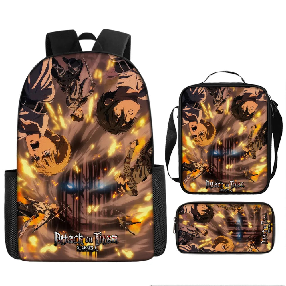 Attack on Titan 3pcs Set Cartoon Backpack 40cm/15.7inch Durable School Bag Shoulder Bag Pencil Case Book Bag Children's Birthday