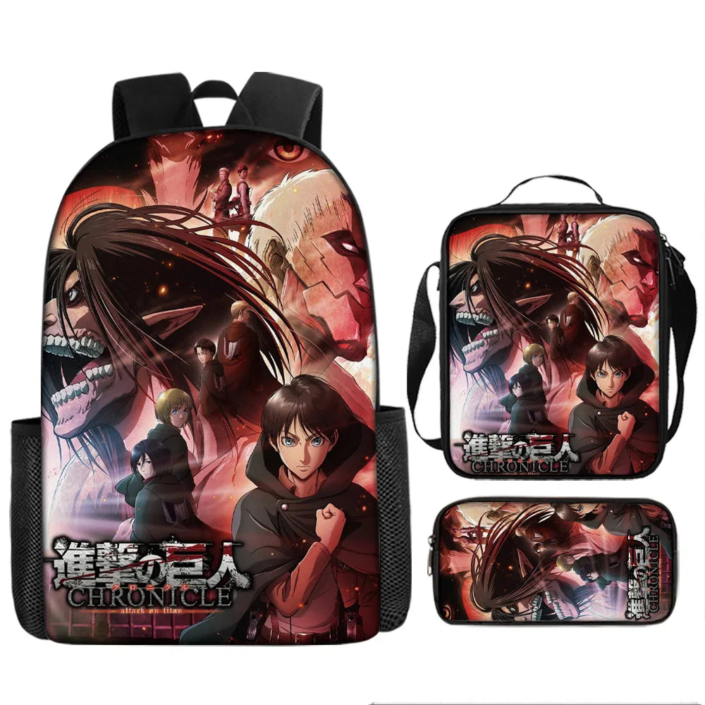Attack on Titan 3pcs Set Cartoon Backpack 40cm/15.7inch Durable School Bag Shoulder Bag Pencil Case Book Bag Children's Birthday