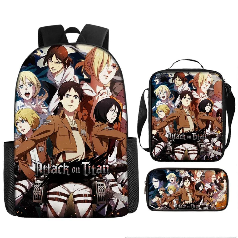Attack on Titan 3pcs Set Cartoon Backpack 40cm/15.7inch Durable School Bag Shoulder Bag Pencil Case Book Bag Children's Birthday