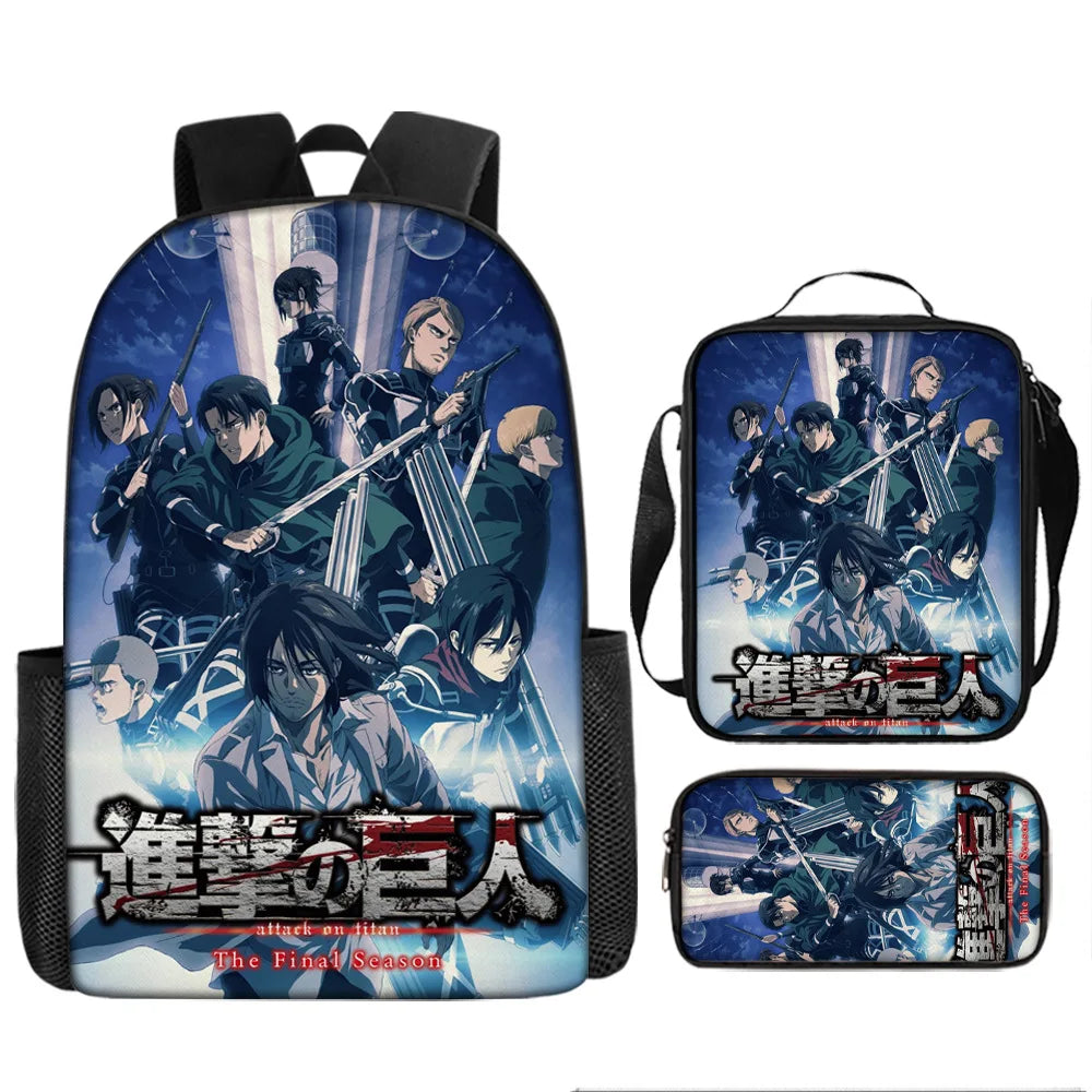 Attack on Titan 3pcs Set Cartoon Backpack 40cm/15.7inch Durable School Bag Shoulder Bag Pencil Case Book Bag Children's Birthday