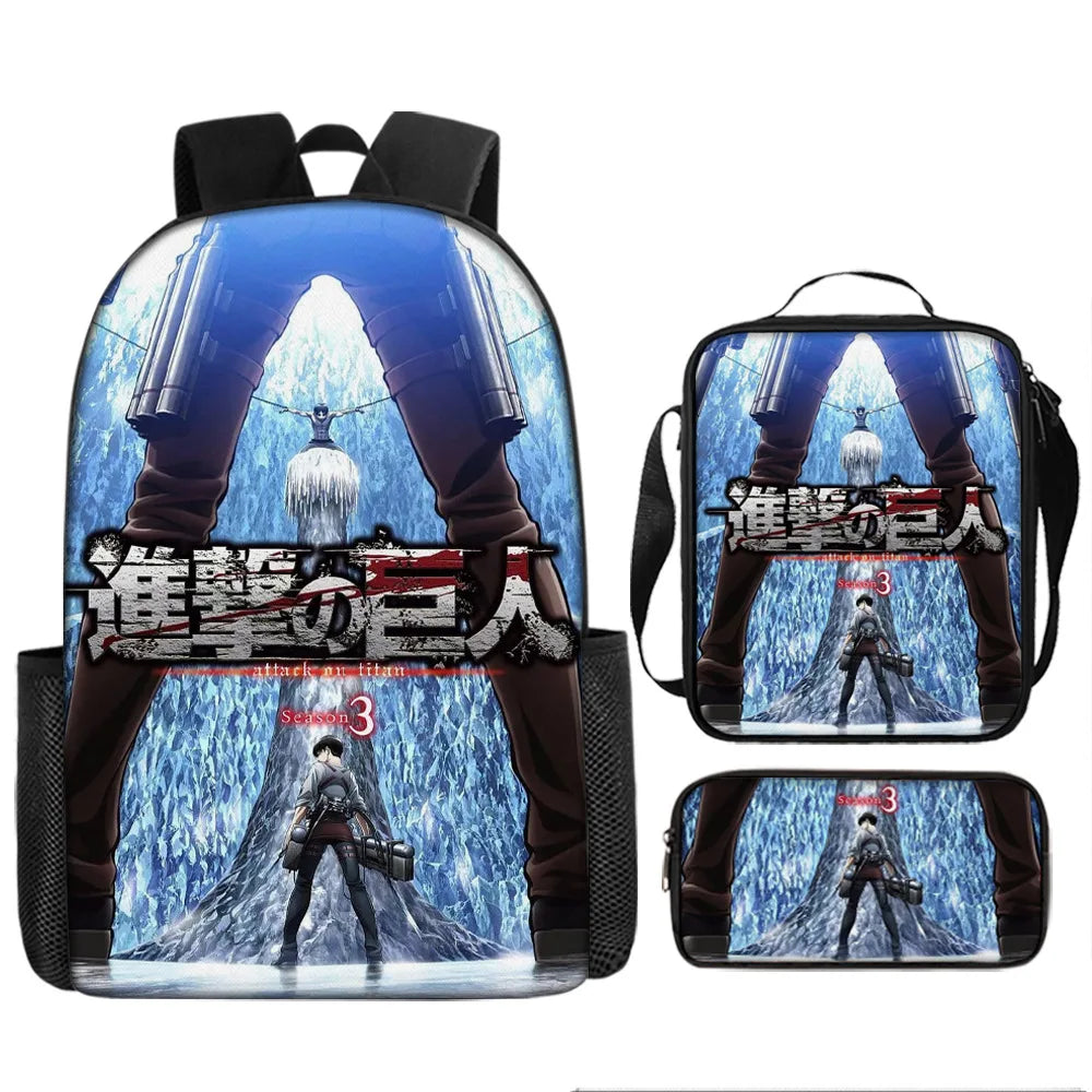 Attack on Titan 3pcs Set Cartoon Backpack 40cm/15.7inch Durable School Bag Shoulder Bag Pencil Case Book Bag Children's Birthday