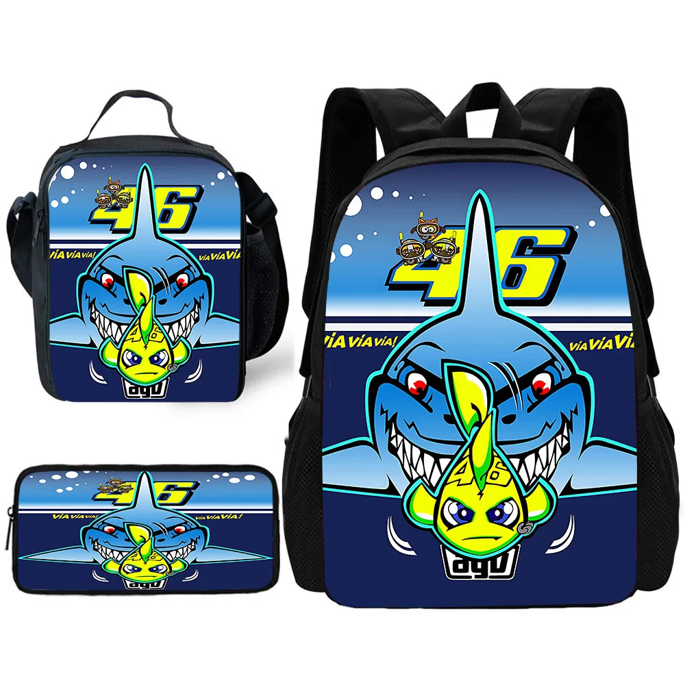 Child School Motorcycle R-rossis VR-46 Backpack with Lunch Bags ,Pencil Bags ,School Bags for Boys Girls Best Gift