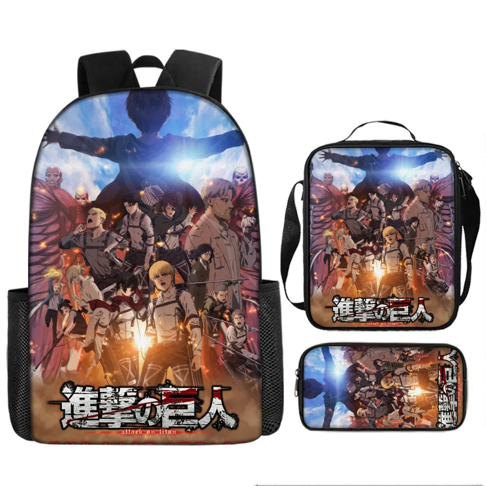 Attack on Titan 3pcs Set Cartoon Backpack 40cm/15.7inch Durable School Bag Shoulder Bag Pencil Case Book Bag Children's Birthday