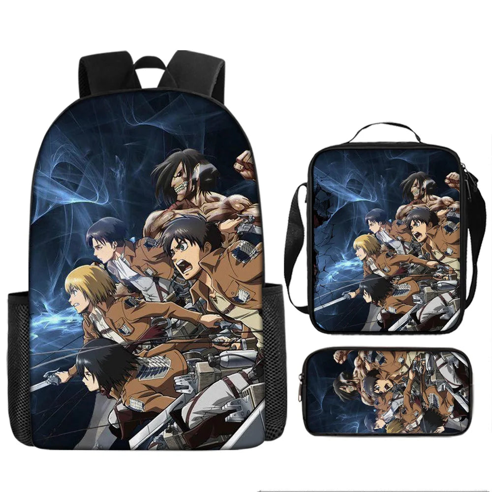 Attack on Titan 3pcs Set Cartoon Backpack 40cm/15.7inch Durable School Bag Shoulder Bag Pencil Case Book Bag Children's Birthday