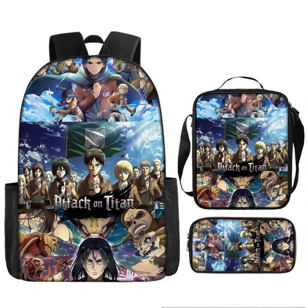 Attack on Titan 3pcs Set Cartoon Backpack 40cm/15.7inch Durable School Bag Shoulder Bag Pencil Case Book Bag Children's Birthday