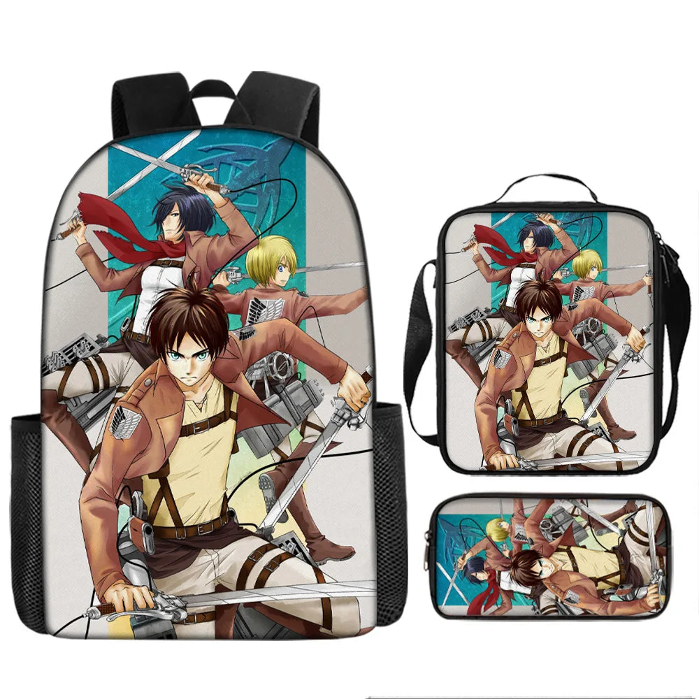 Attack on Titan 3pcs Set Cartoon Backpack 40cm/15.7inch Durable School Bag Shoulder Bag Pencil Case Book Bag Children's Birthday