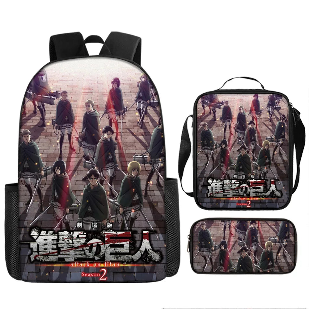 Attack on Titan 3pcs Set Cartoon Backpack 40cm/15.7inch Durable School Bag Shoulder Bag Pencil Case Book Bag Children's Birthday